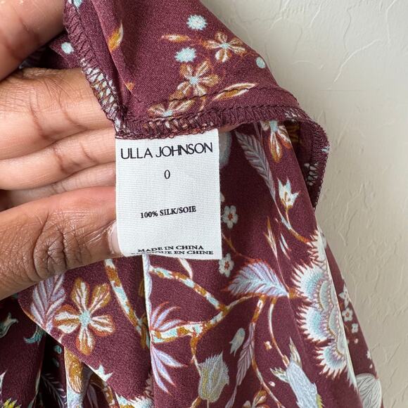 Ulla Johnson Dress‎ Silk Floral Puff Sleeve Red Ruched Heleen Midi Dress Size 0 - Picture 9 of 9